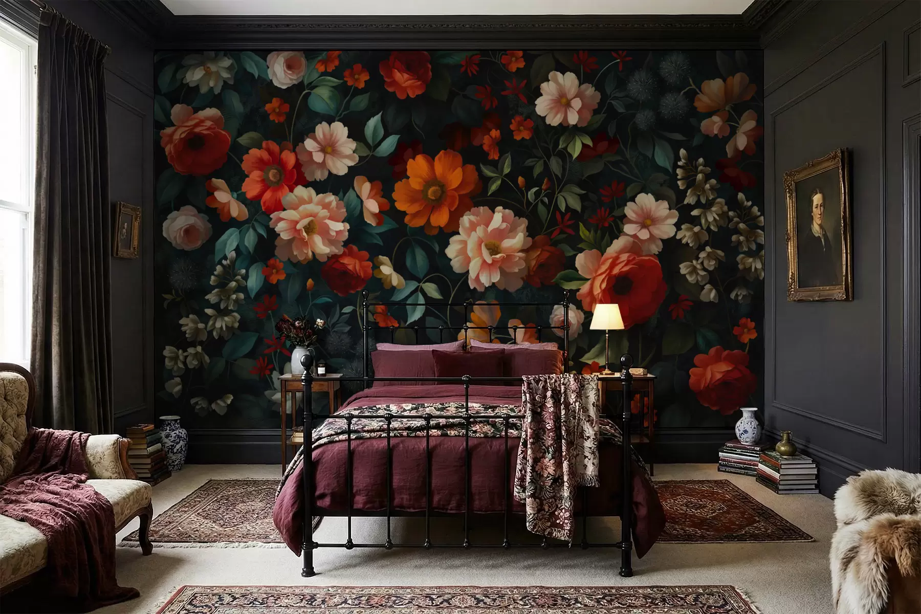 Fototapetai Tamsus gėlių raštas su sodriais sodo gėlėmis w05087