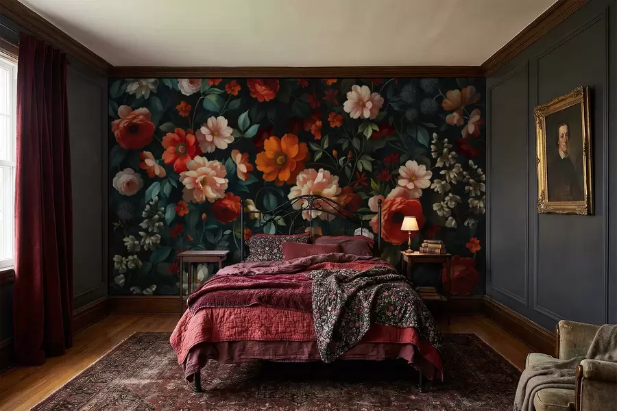 Fototapetai Tamsus gėlių raštas su sodriais sodo gėlėmis w05087