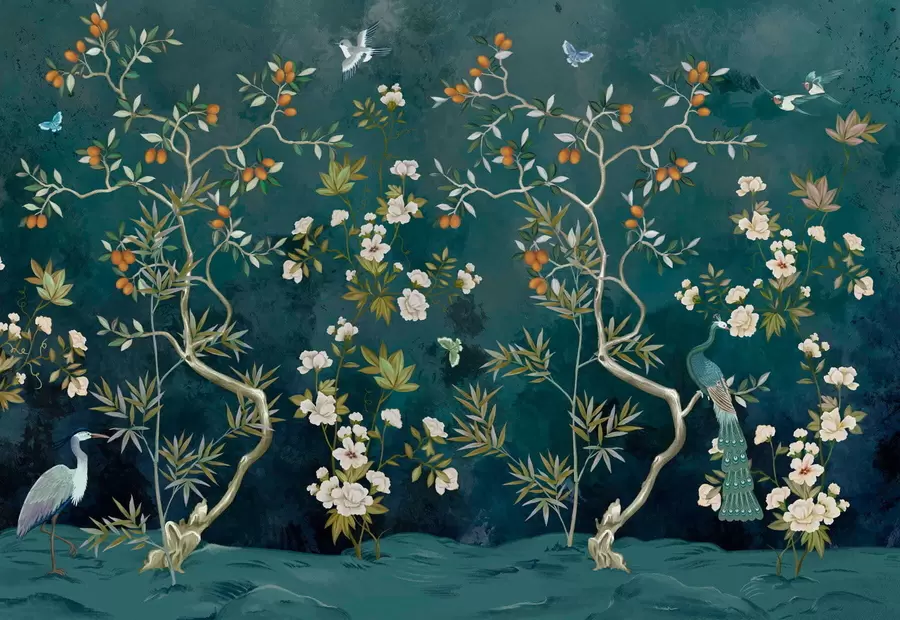 Fototapetai Dekoratyvinė scena su medžiais, gėlėmis ir paukščiais tamsiame fone w05004