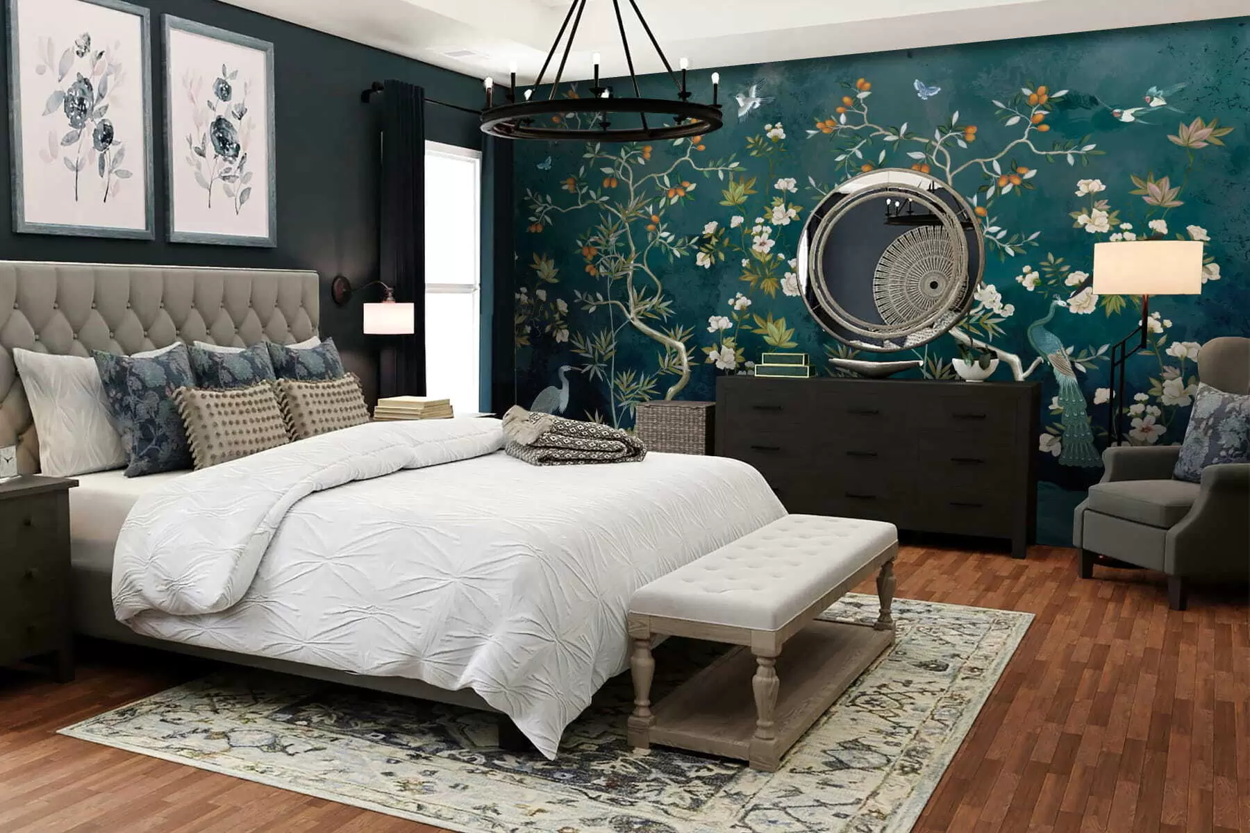 Fototapetai Dekoratyvinė scena su medžiais, gėlėmis ir paukščiais tamsiame fone w05004