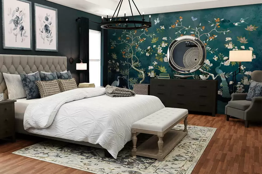 Fototapetai Dekoratyvinė scena su medžiais, gėlėmis ir paukščiais tamsiame fone w05004