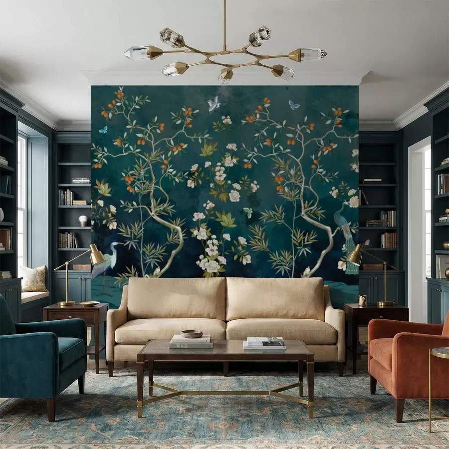 Fototapetai Dekoratyvinė scena su medžiais, gėlėmis ir paukščiais tamsiame fone w05004