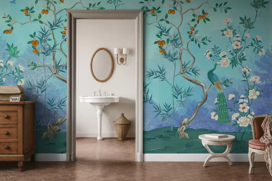 Fototapetai Scena su medžiais, gėlėmis ir paukščiais, mėlynas fonas w05004v2