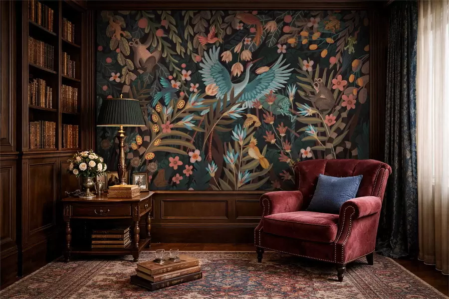 Fototapetai Fantazijos scena su paukščiais ir gyvūnais tarp augalų w05024