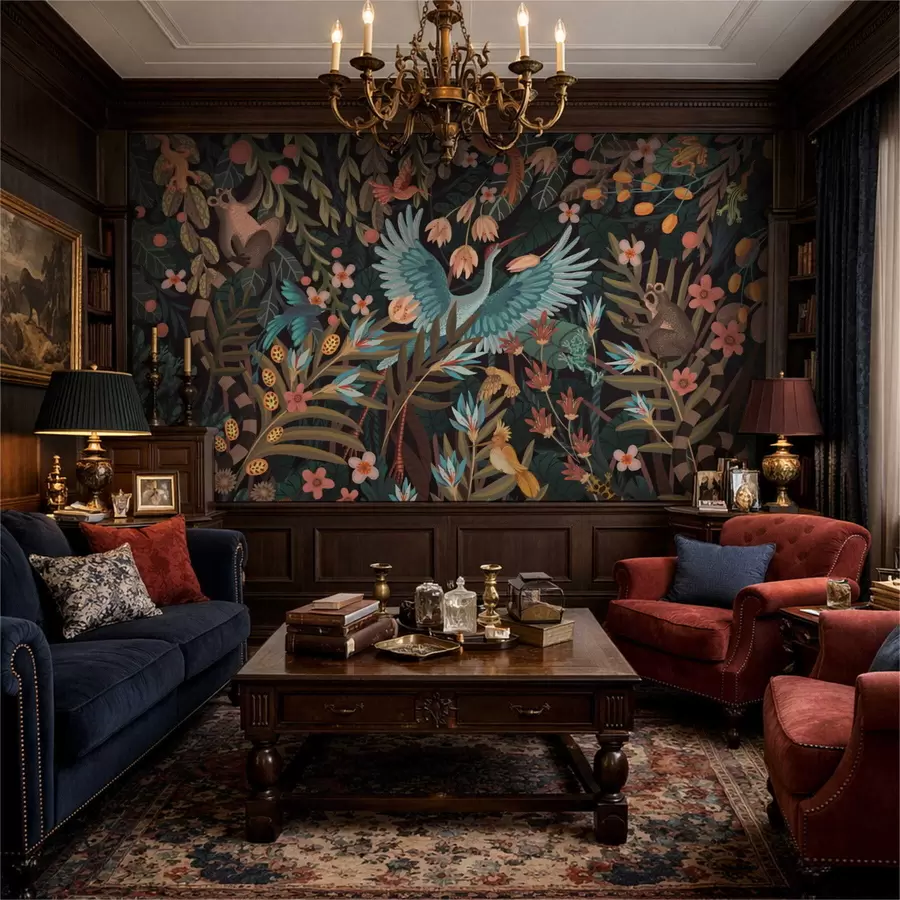 Fototapetai Fantazijos scena su paukščiais ir gyvūnais tarp augalų w05024