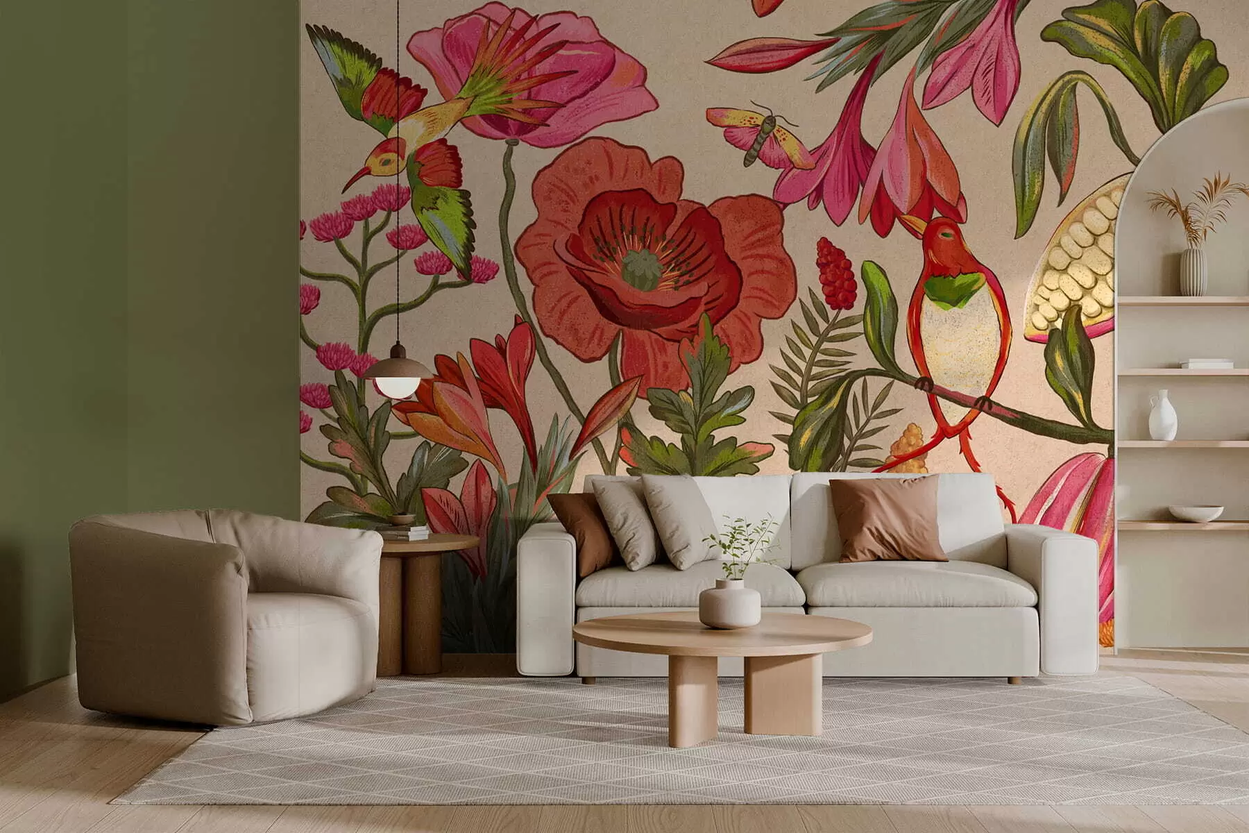 Fototapetai Dekoratyvinės gėlės ir paukščiai ant smėlio spalvos fono w05036