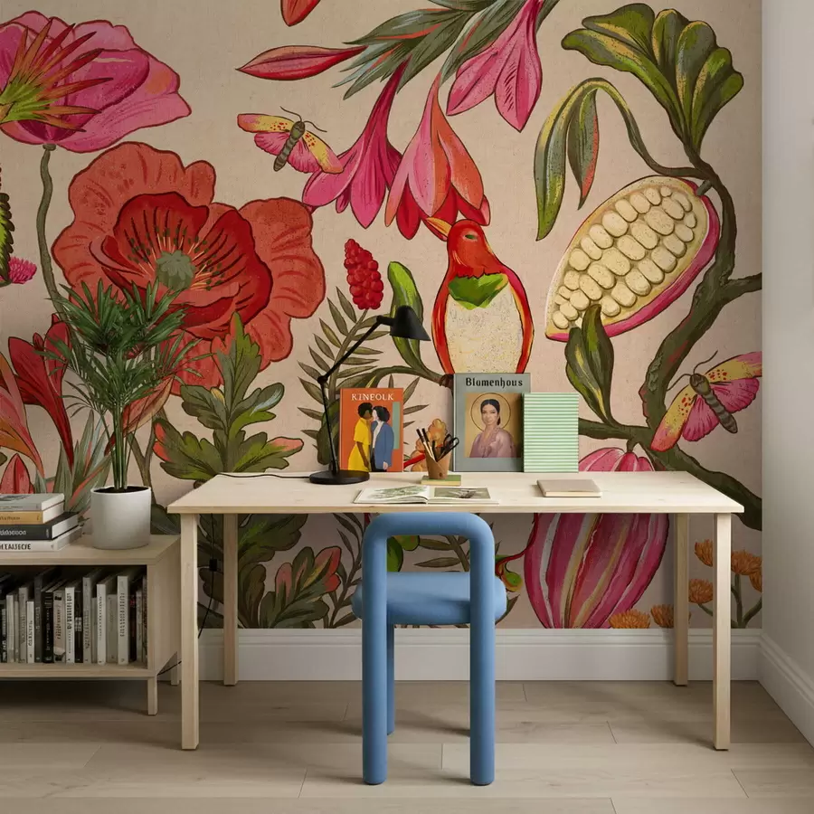 Fototapetai Dekoratyvinės gėlės ir paukščiai mėlyname fone w05036