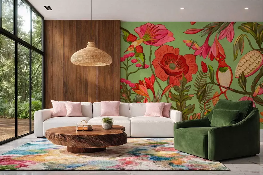 Fototapetai Dekoratyvinės gėlės ir paukščiai ant žalios fono w05036v1