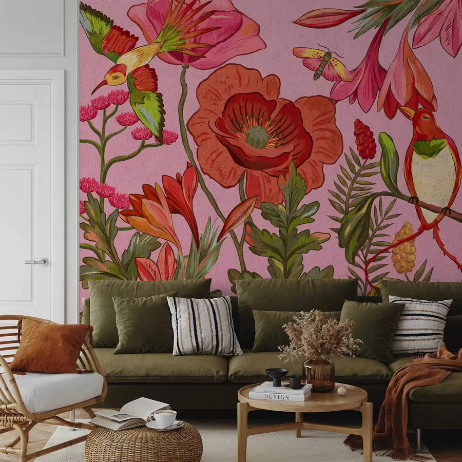 Fototapetai Dekoratyvinės gėlės ir paukščiai ant rožinio fono w05036v2