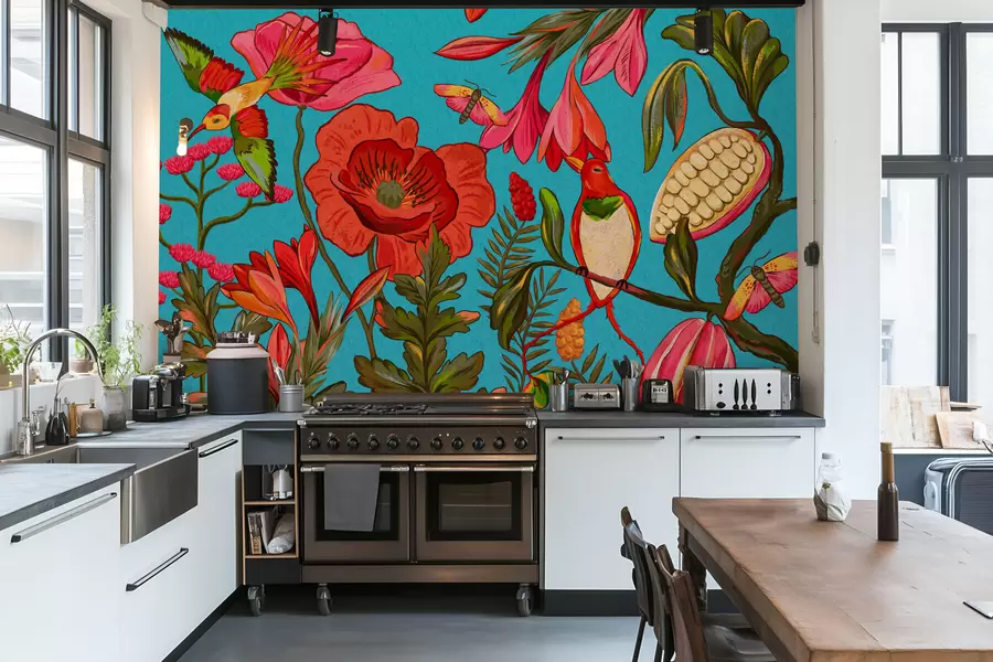 Fototapetai Dekoratyvinės gėlės ir paukščiai mėlyname fone w05036v3