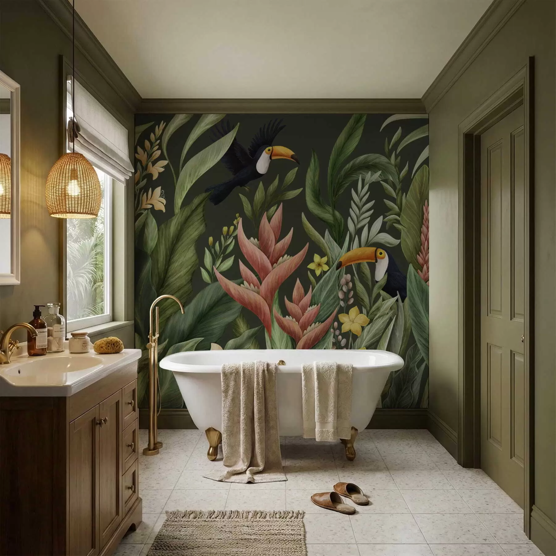 Fototapetai Tropiniai augalai ir didžiakakliai paukščiai šviesaus fono w05088