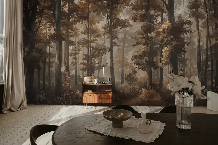 Fototapetai Rudens miško vaizdas su šilta šviesa ir tankiais medžiais w05089v1