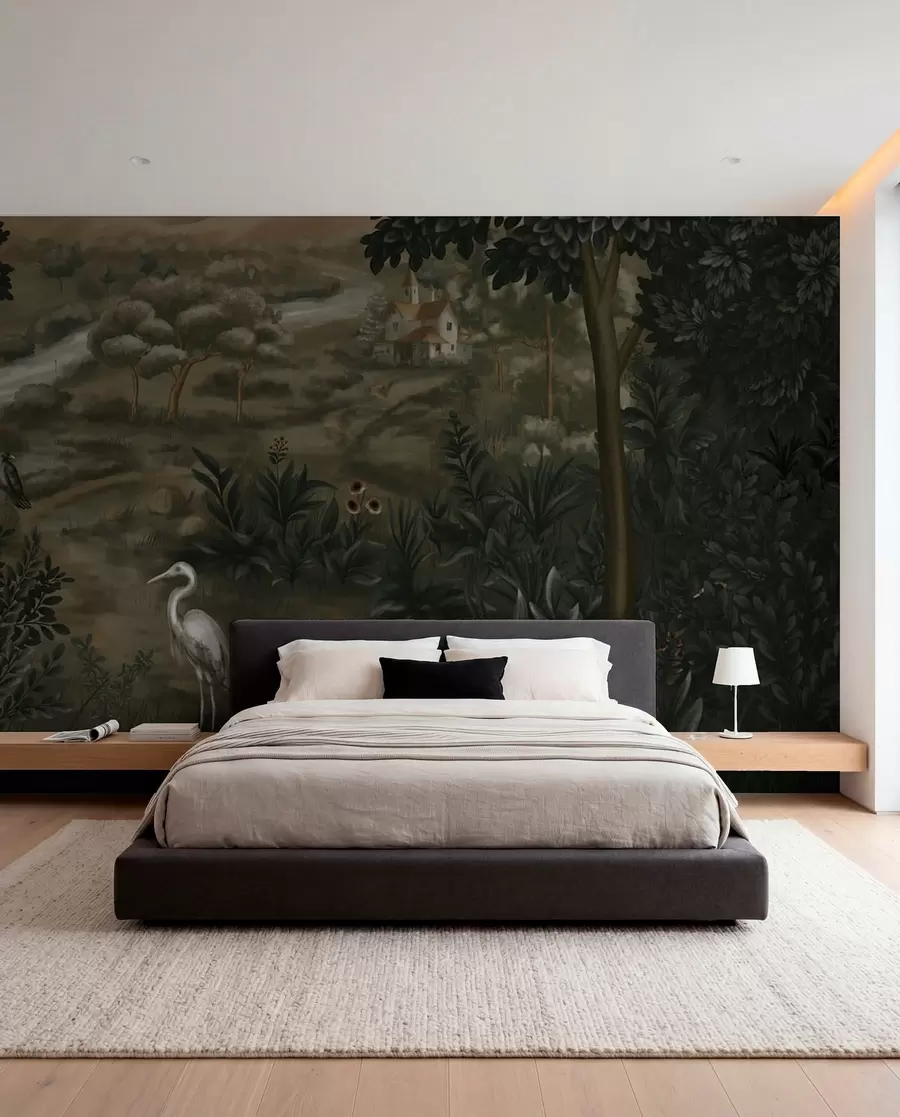 Fototapetai Fantazijos peizažas su upe, namu ir paukščiais tarp medžių w05090