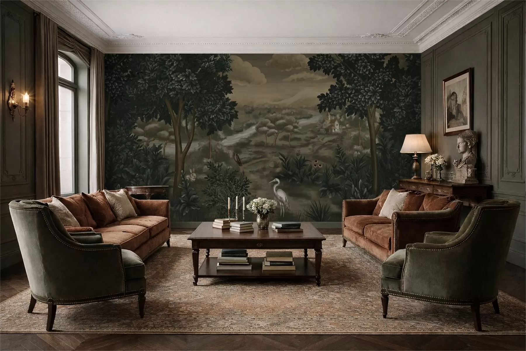 Fototapetai Fantazijos peizažas su upe, namu ir paukščiais tarp medžių w05090