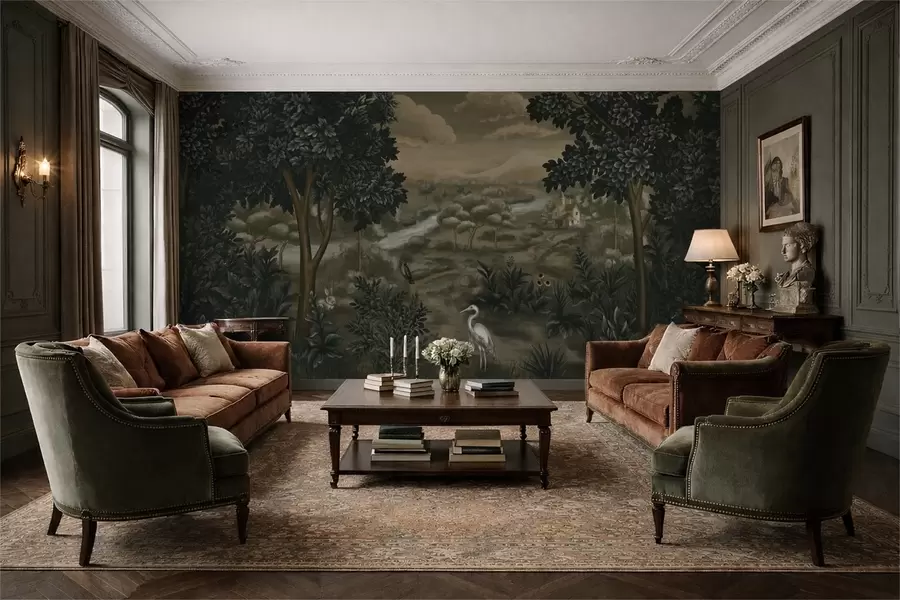 Fototapetai Fantazijos peizažas su upe, namu ir paukščiais tarp medžių w05090