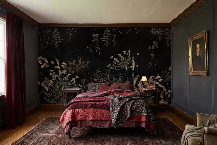 Fototapetai Tamsus botaninis raštas su gėlėmis ir lapais w05092
