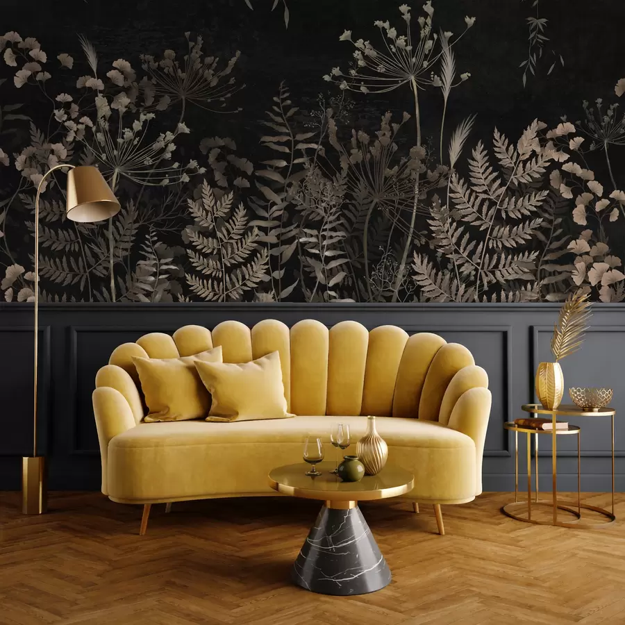 Fototapetai Tamsus botaninis raštas su gėlėmis ir lapais w05092