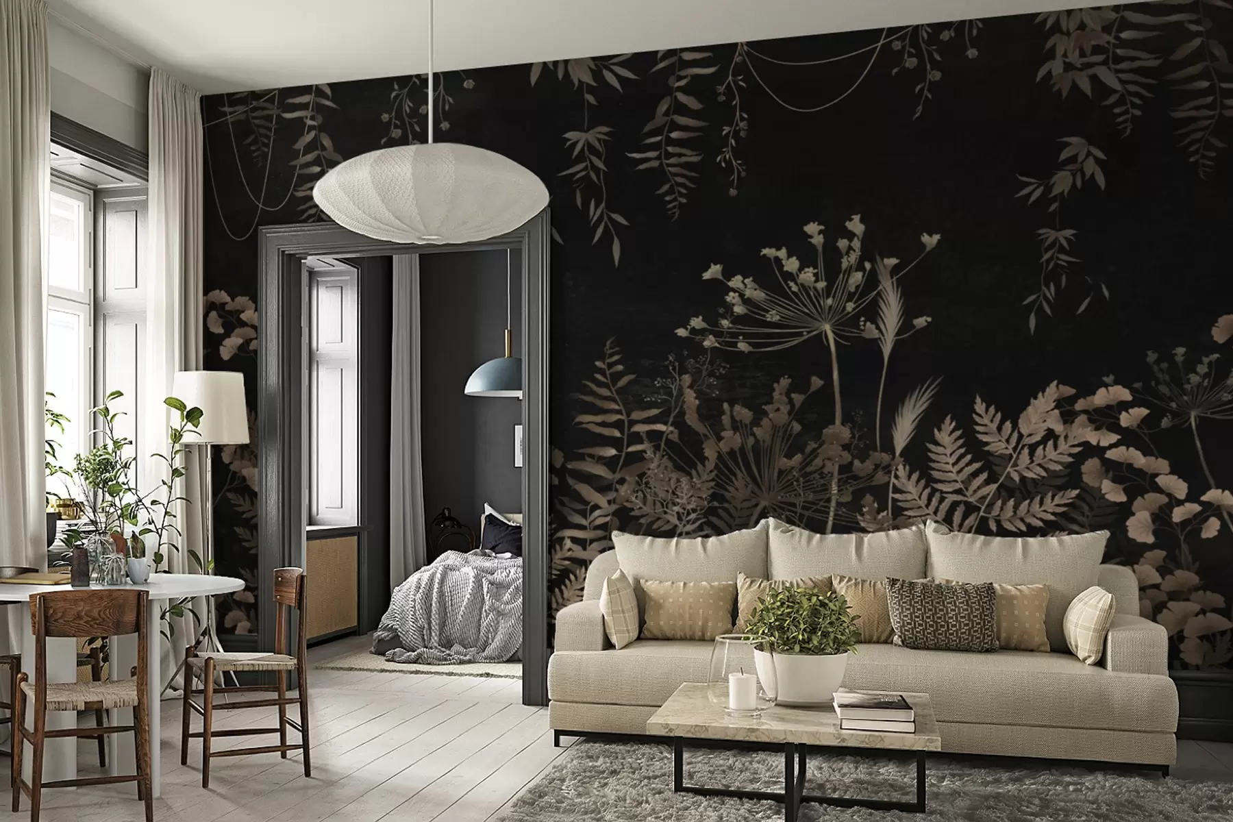 Fototapetai Tamsus botaninis raštas su gėlėmis ir lapais w05092