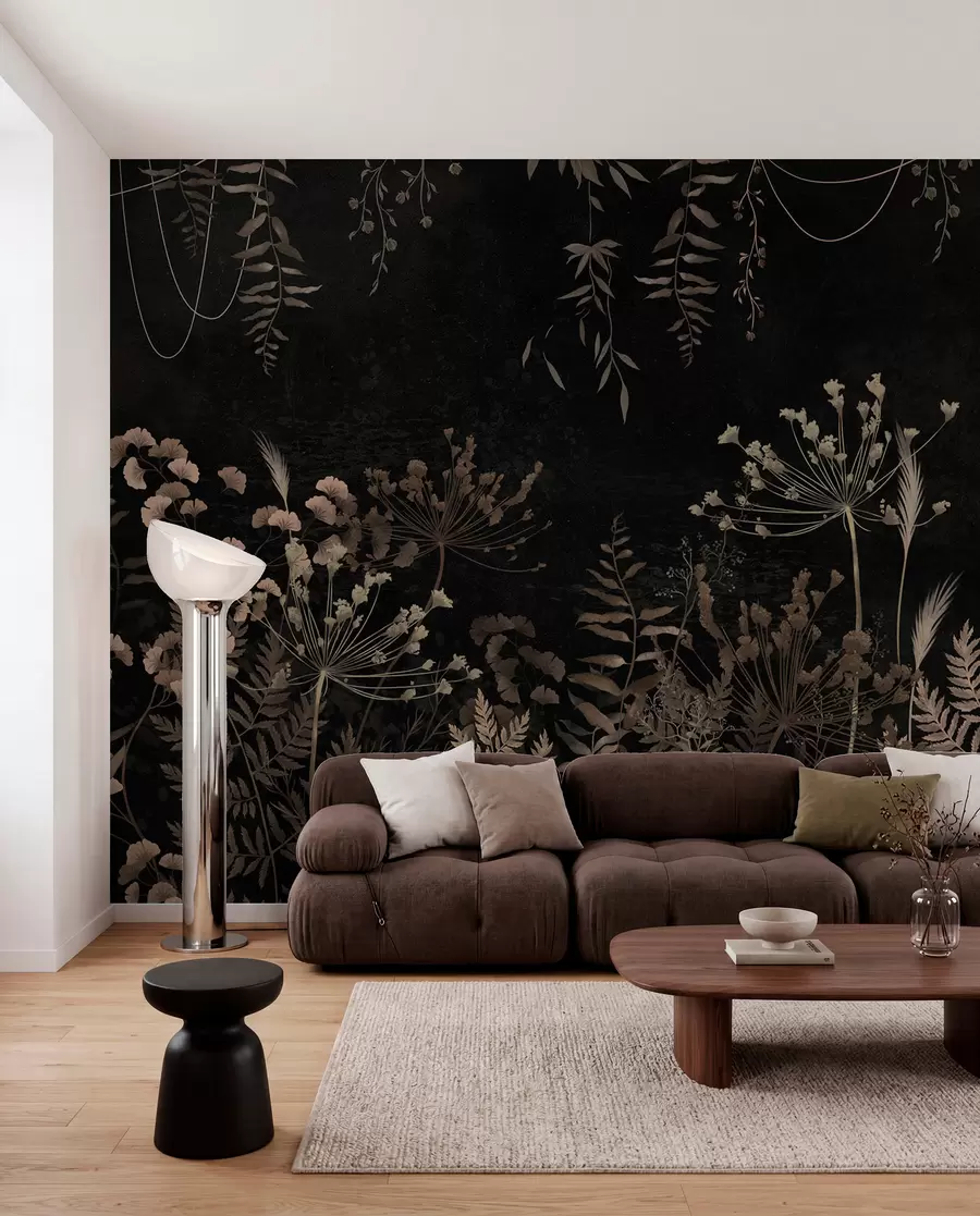 Fototapetai Tamsus botaninis raštas su gėlėmis ir lapais w05092
