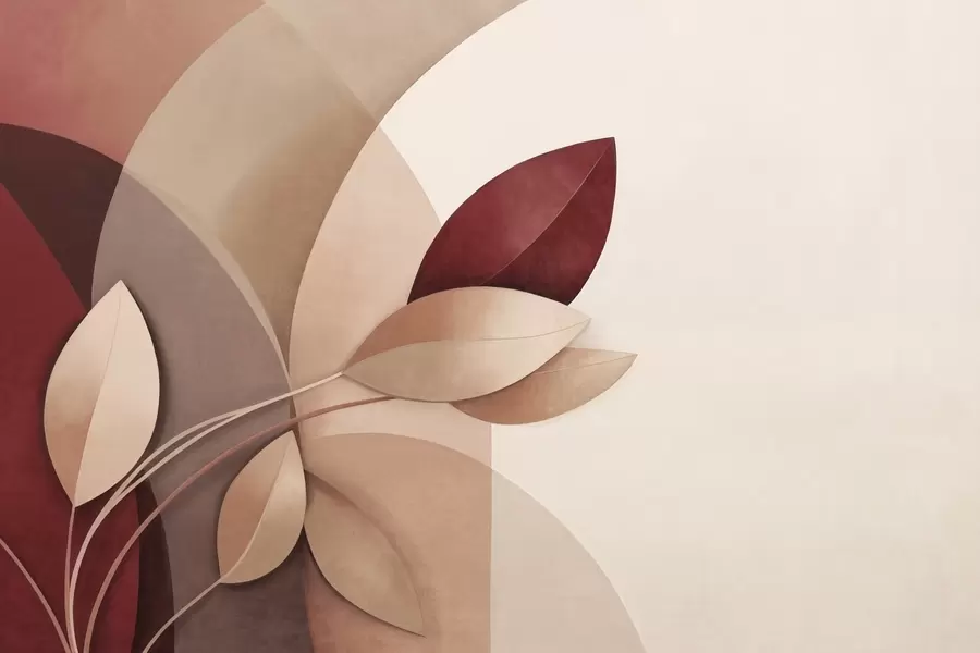 Fototapetai Abstraktaus tekstūros šaka su rudų, smėlio ir raudonų atspalvių lapais, abstrakčių formų fone w09618