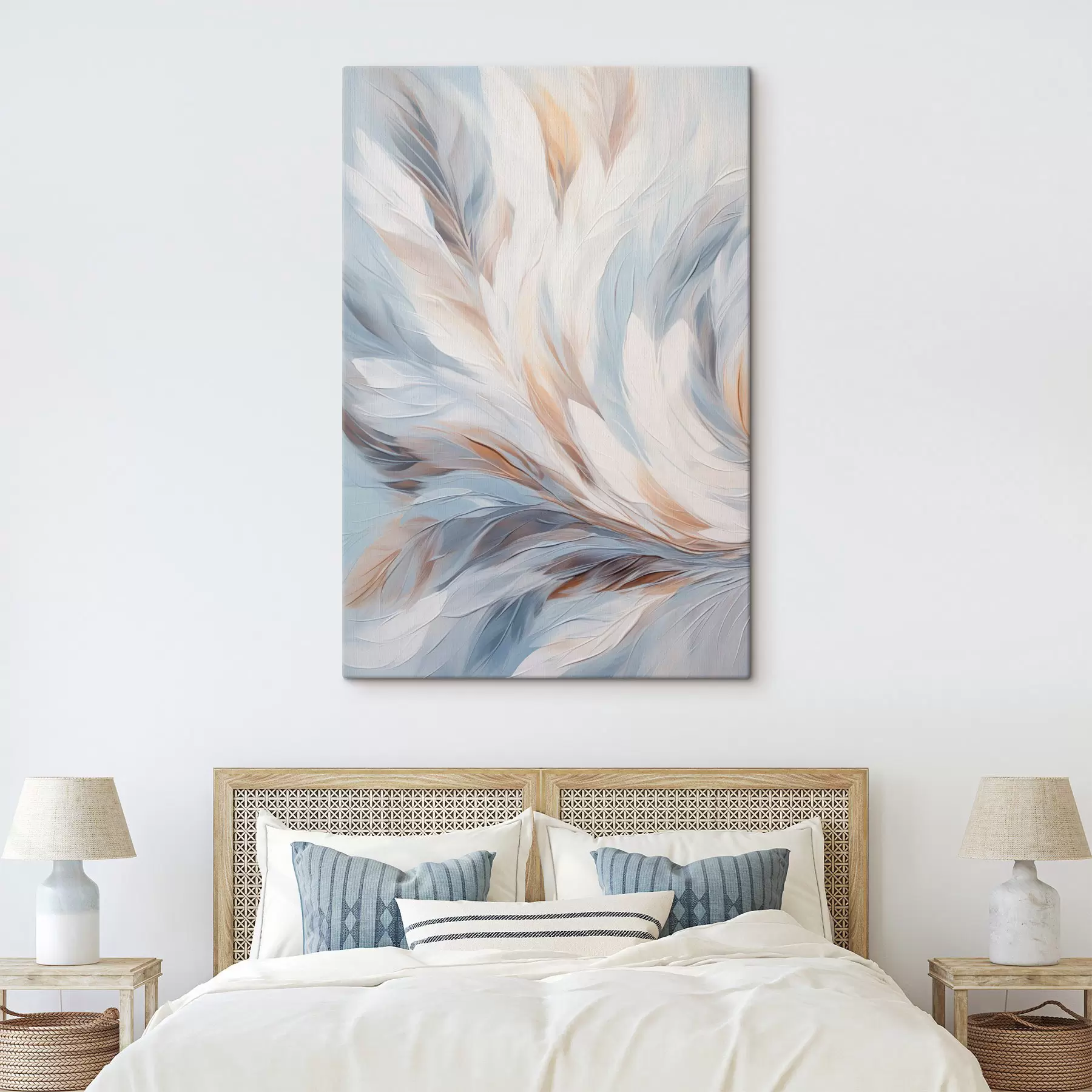 Paveikslėlis Abstraktus paveikslas, vaizduojantis baltos, mėlynos ir rudos spalvų plunksnas, su švelnia, tekančia tekstūra ir šviesiu fonu. s47417
