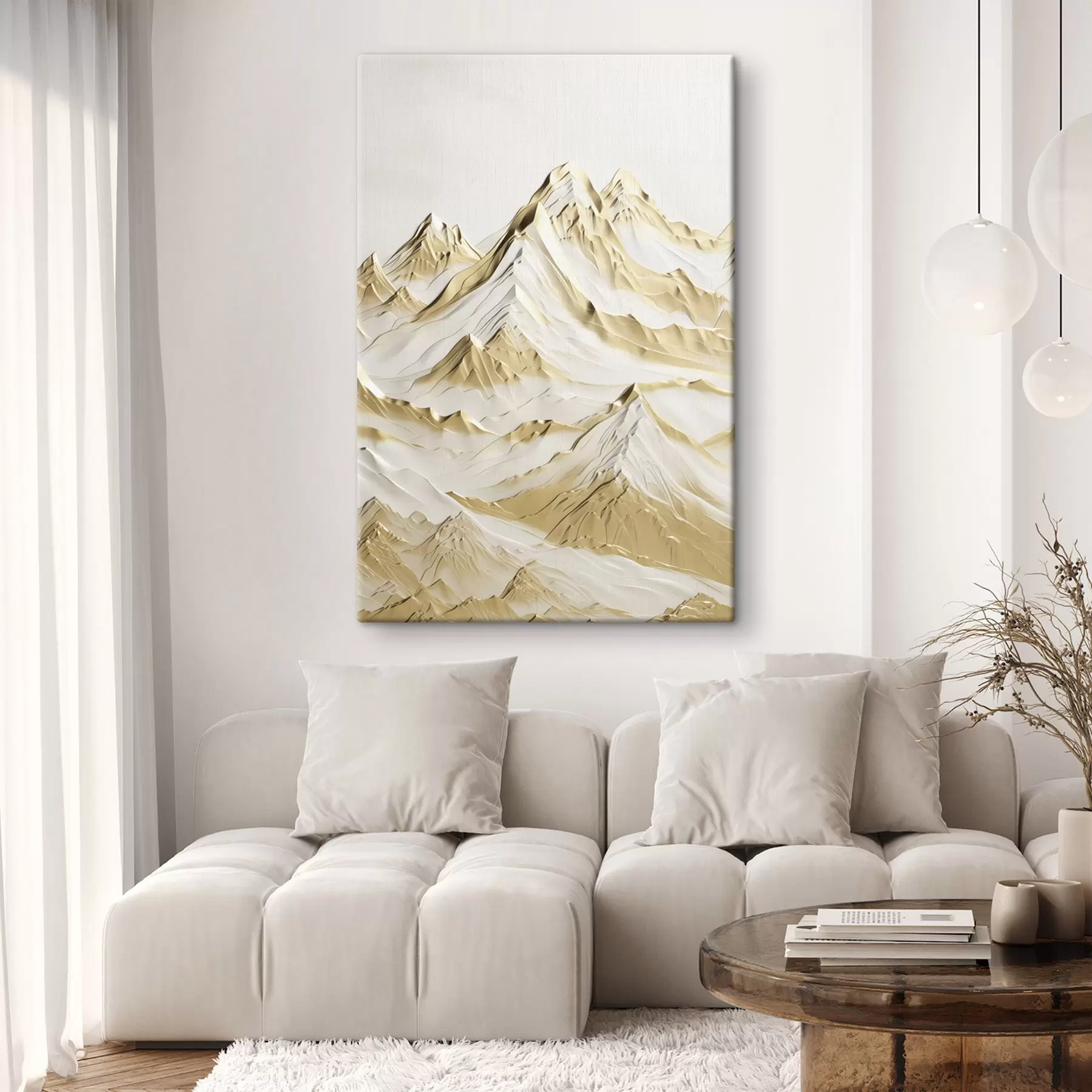 Paveikslėlis Geltonos, sniegu padengtos kalvos su smailiais viršūnių ir giliomis slėnių po šviesiu dangumi s47420