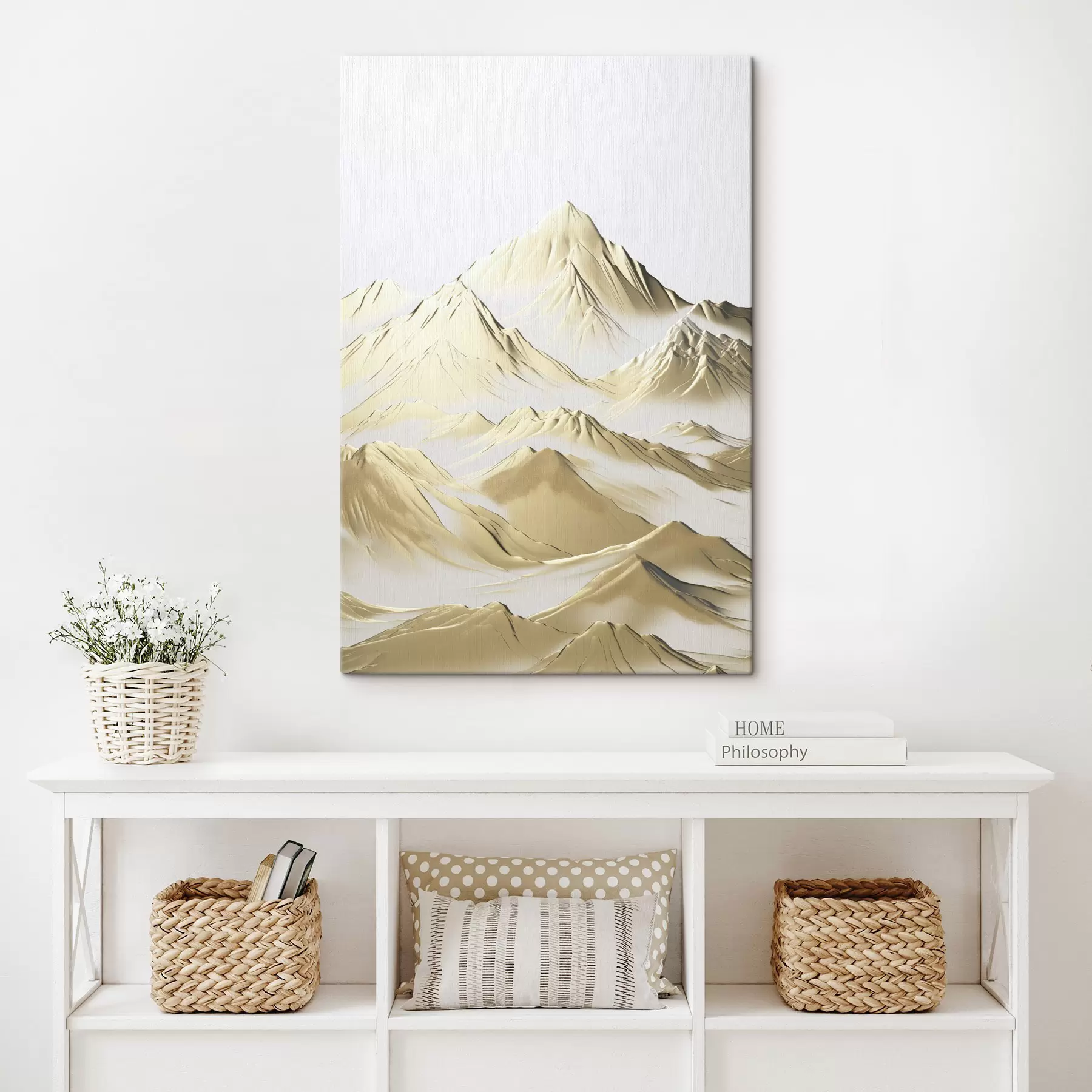 Paveikslėlis Geltonos, sniegu padengtos kalvos su smailiais viršūnių ir giliomis slėnių po šviesiu dangumi s47421