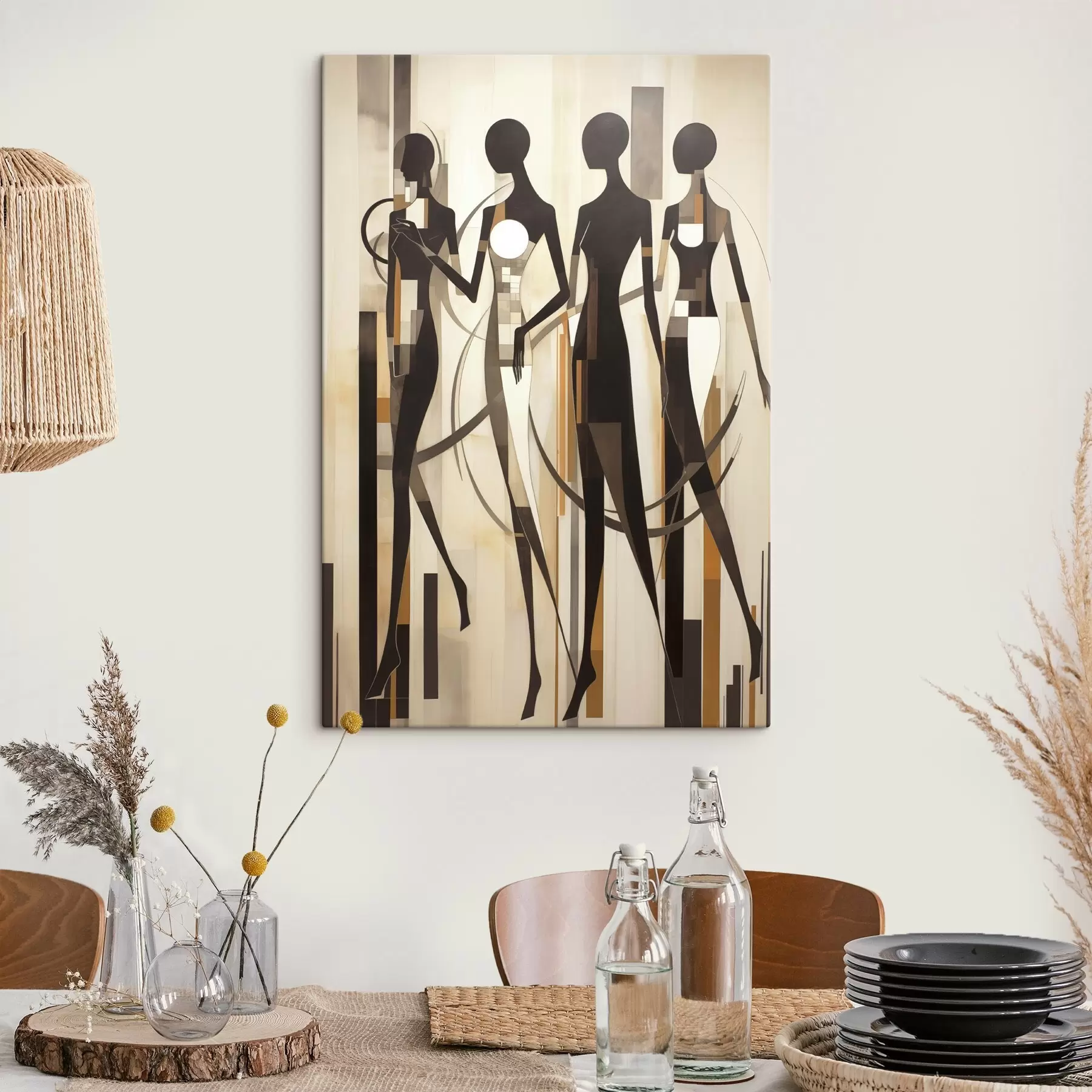 Paveikslėlis Stilizuotos moteriškos figūros su geometriniais elementais ant abstraktaus vertikalių linijų fono s47423