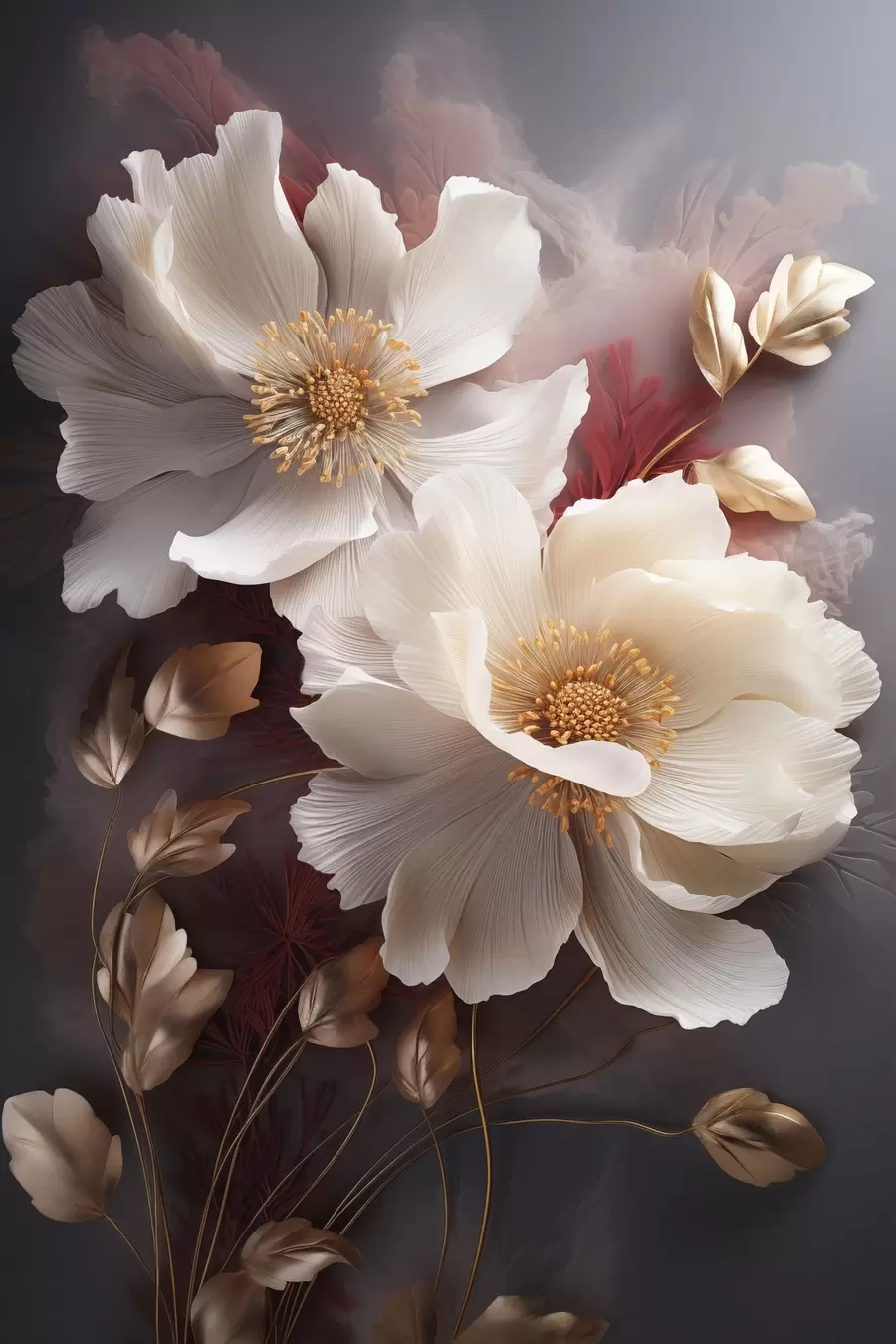 Paveikslėlis Subtilūs bijūnai su plonais, plaušėtais žiedlapiais, apsupti tamsiai raudonais ir geltonais lapais ant abstraktaus fono s47435