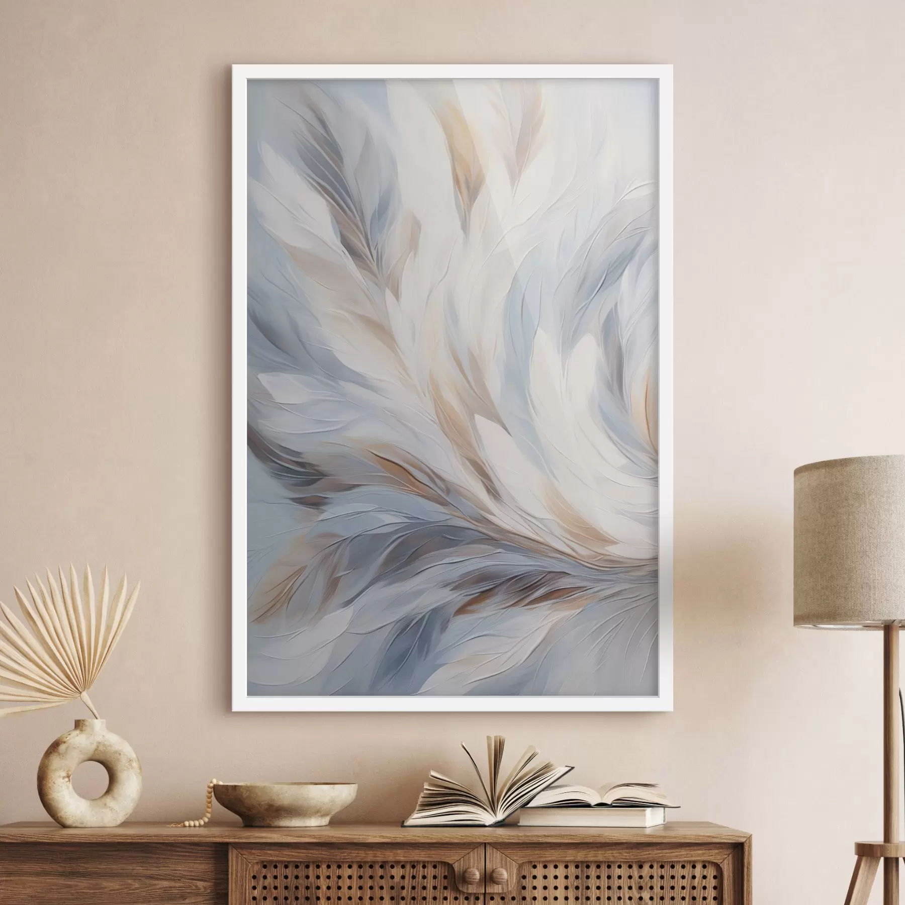 Fototapetai Abstraktus paveikslas, vaizduojantis baltos, mėlynos ir rudos spalvų plunksnas, su švelnia, tekančia tekstūra ir šviesiu fonu. f47417