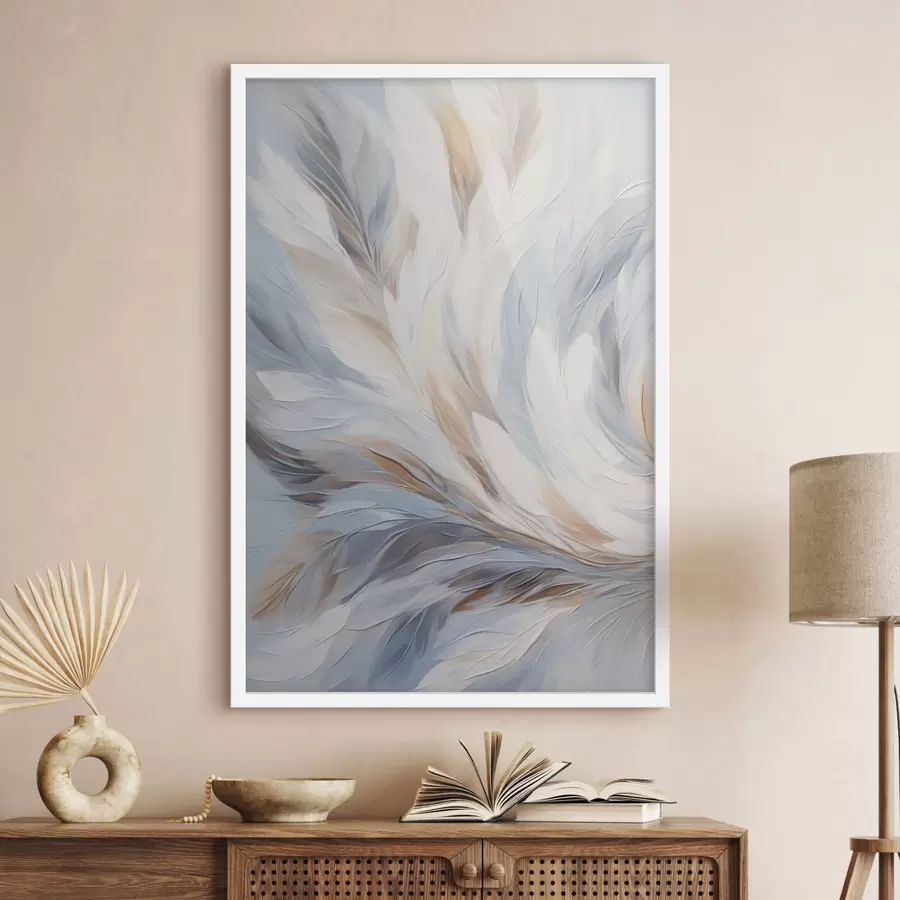 Fototapetai Abstraktus paveikslas, vaizduojantis baltos, mėlynos ir rudos spalvų plunksnas, su švelnia, tekančia tekstūra ir šviesiu fonu. f47417