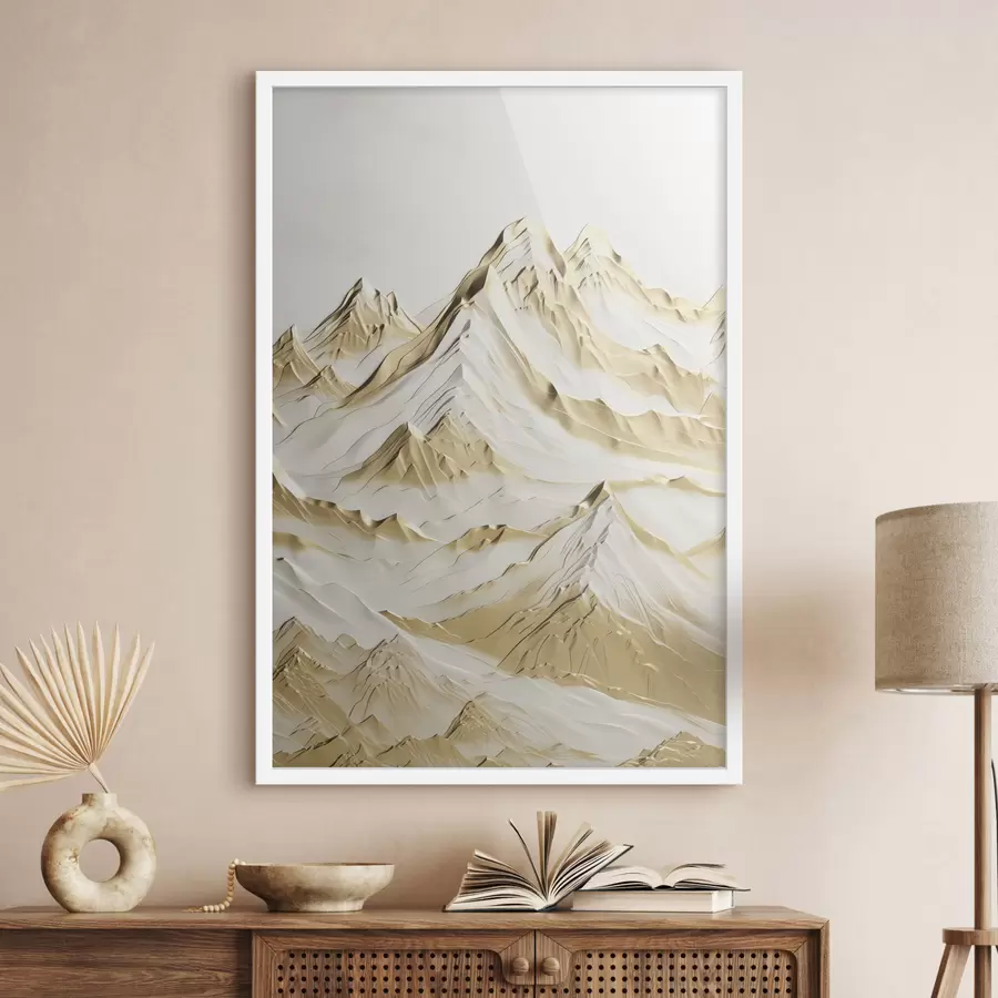 Fototapetai Geltonos, sniegu padengtos kalvos su smailiais viršūnių ir giliomis slėnių po šviesiu dangumi f47420