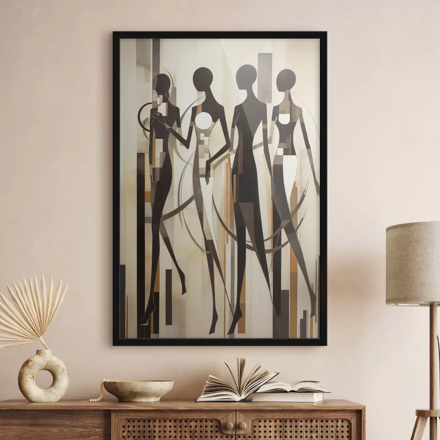 Fototapetai Stilizuotos moteriškos figūros su geometriniais elementais ant abstraktaus vertikalių linijų fono f47423