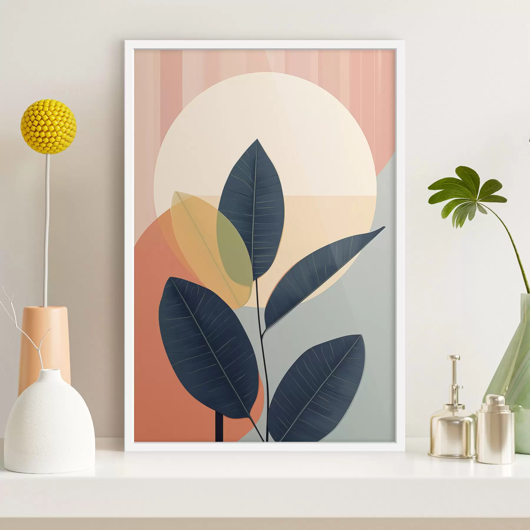 Fototapetai Tamsūs lapai ant persikų ir pilkos spalvos abstrakčių formų fono su dideliu, šviesiai geltonu ratu f47424