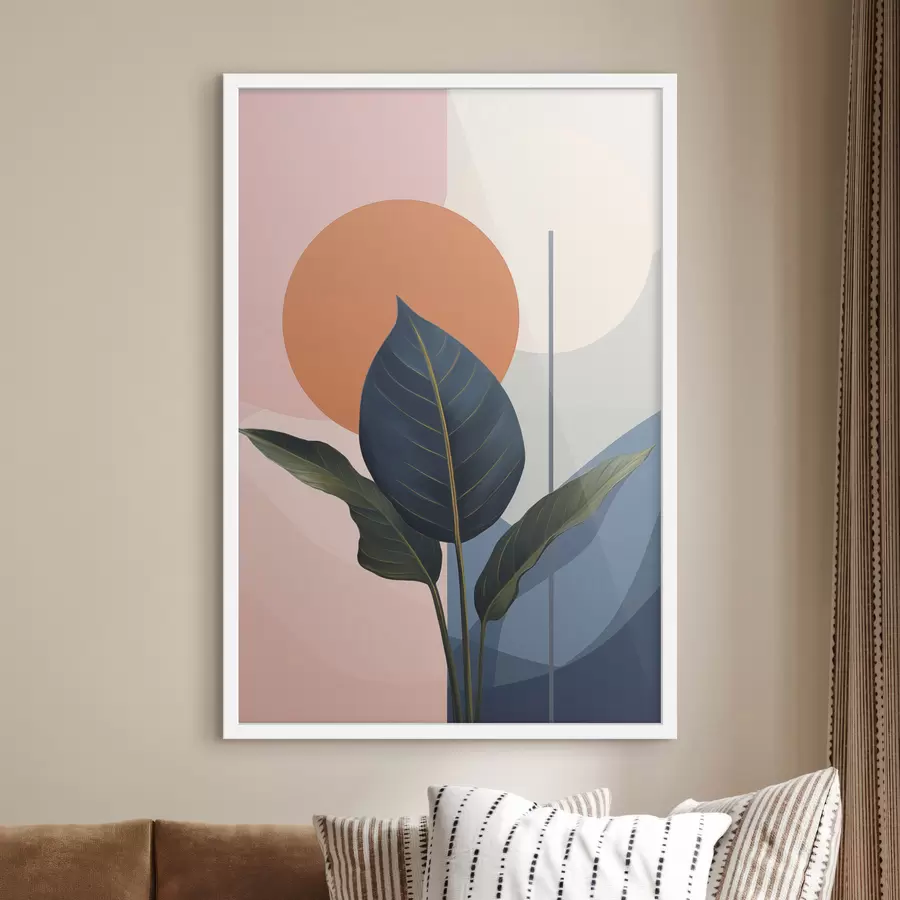 Fototapetai Tamsūs lapai ant persikų ir pilkos spalvos abstrakčių formų fono su oranžiniu apskritimu f47425