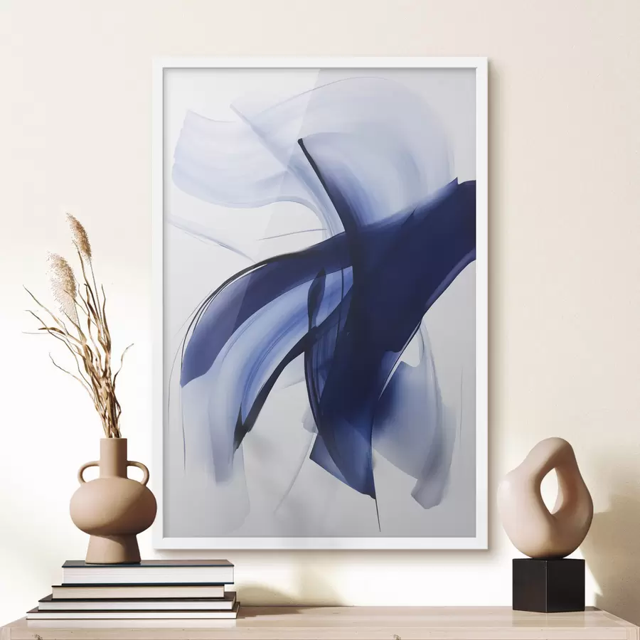 Fototapetai Abstrakčios mėlynos teptuko potėpių formos su sklandžiomis linijomis ir kreivėmis ant balto fono, modernusis menas f47429