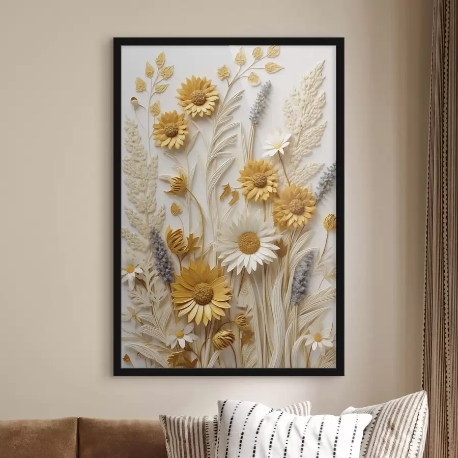 Fototapetai Tekstūruota geltonų ir baltų saulėgrąžų kompozicija su džiovintomis žolėmis ir levandų šakelėmis ant balto fono. f47430