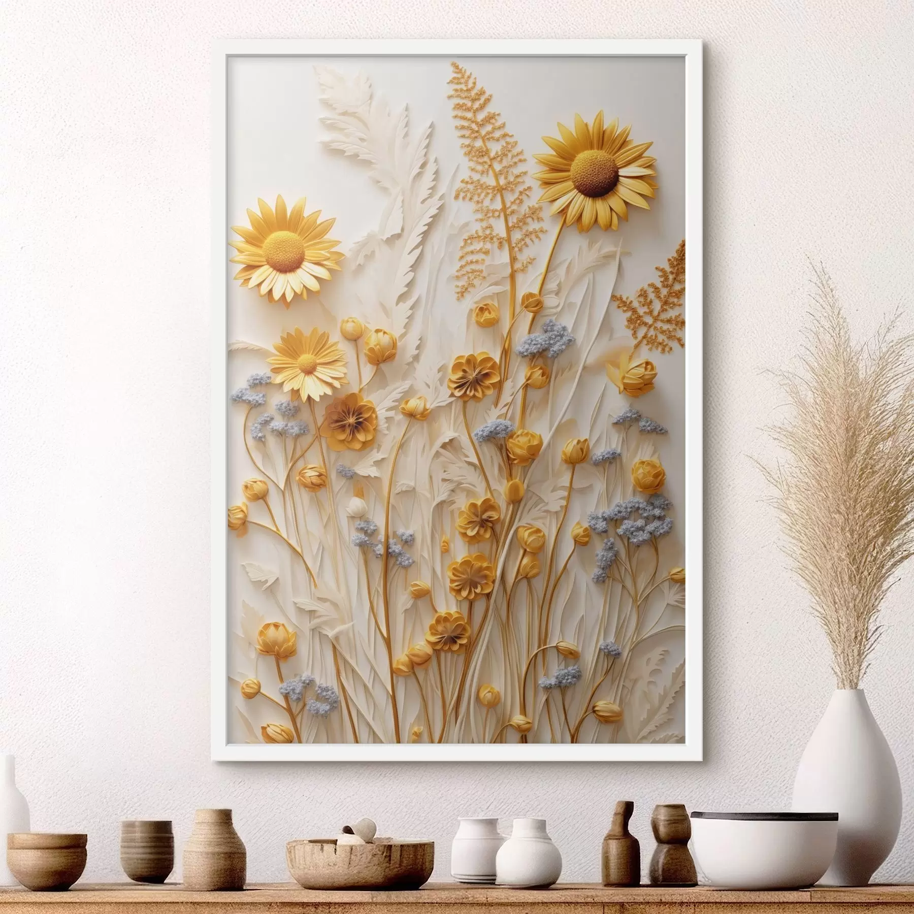 Fototapetai Tekstūruota geltonų ir baltų saulėgrąžų kompozicija su džiovintomis žolėmis ir levandų šakelėmis ant balto fono. f47431