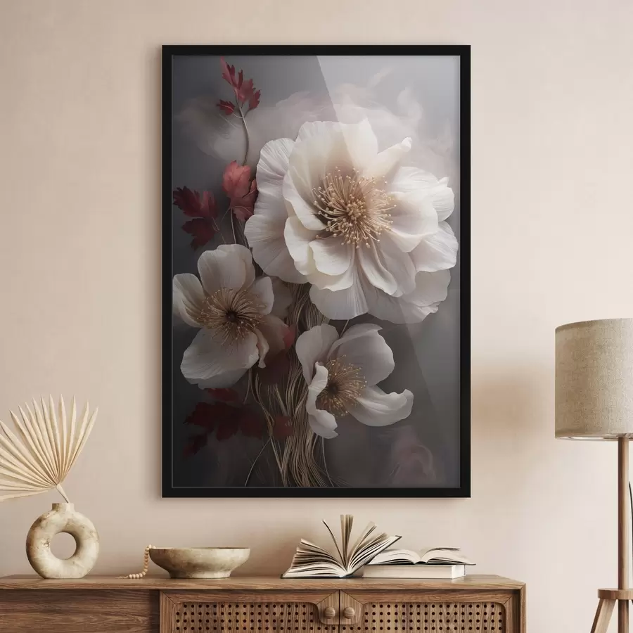 Fototapetai Subtilūs bijūnai su plonais, plaušėtais žiedlapiais, apsupti tamsiai raudonais lapais ant abstraktaus fono f47434