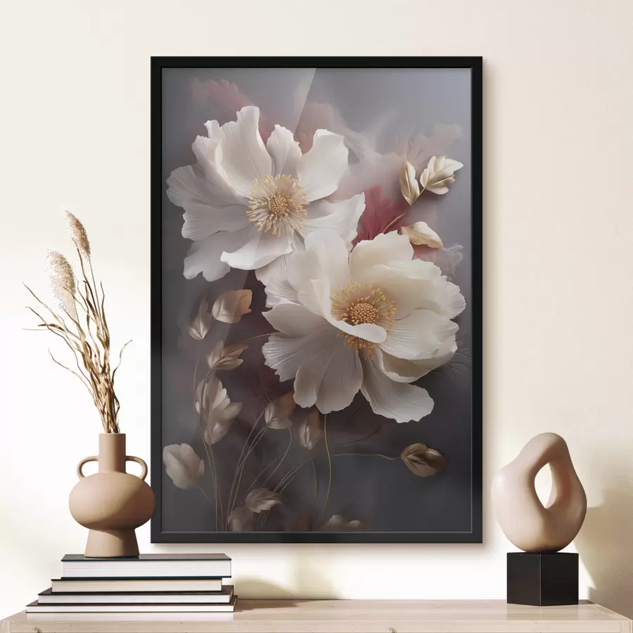 Fototapetai Subtilūs bijūnai su plonais, plaušėtais žiedlapiais, apsupti tamsiai raudonais ir geltonais lapais ant abstraktaus fono f47435