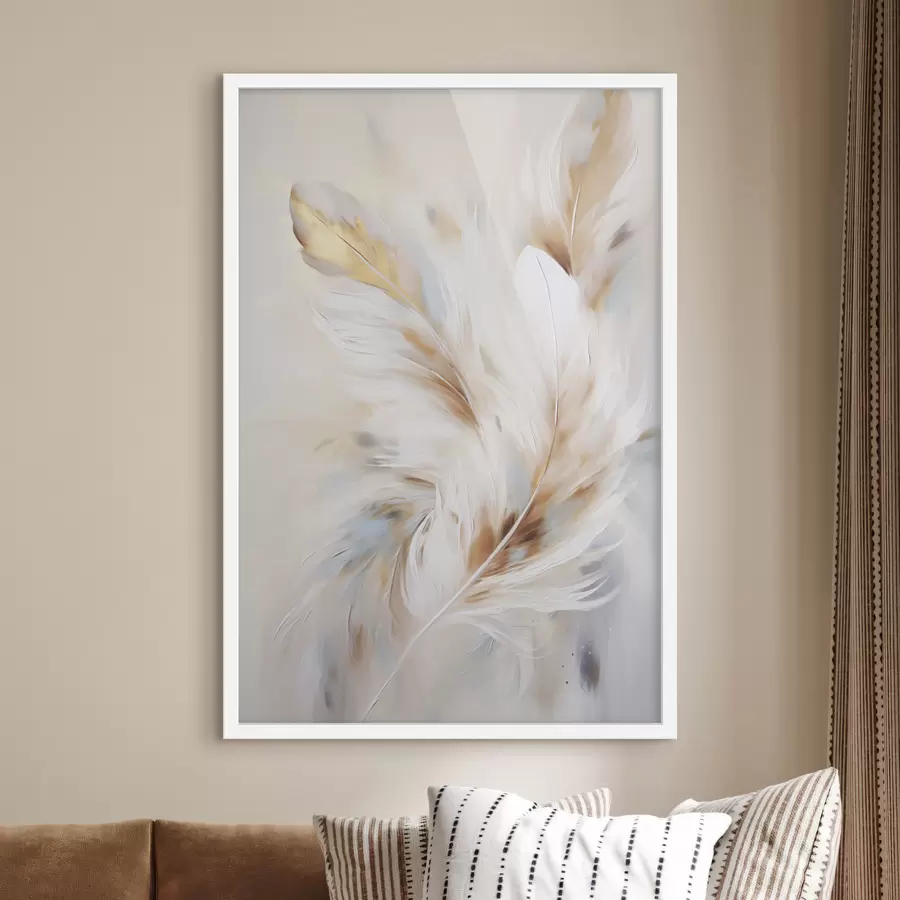 Fototapetai Didelės, minkštos plunksnos, kuriose susipina balti, geltoni ir rudi atspalviai, prieš šviesų, abstraktų foną. f47442