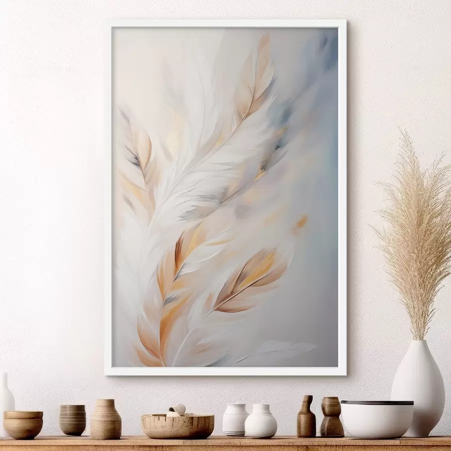 Fototapetai Didelės, minkštos plunksnos, kuriose susipina balti, geltoni ir rudi atspalviai, prieš šviesų, abstraktų foną. f47443