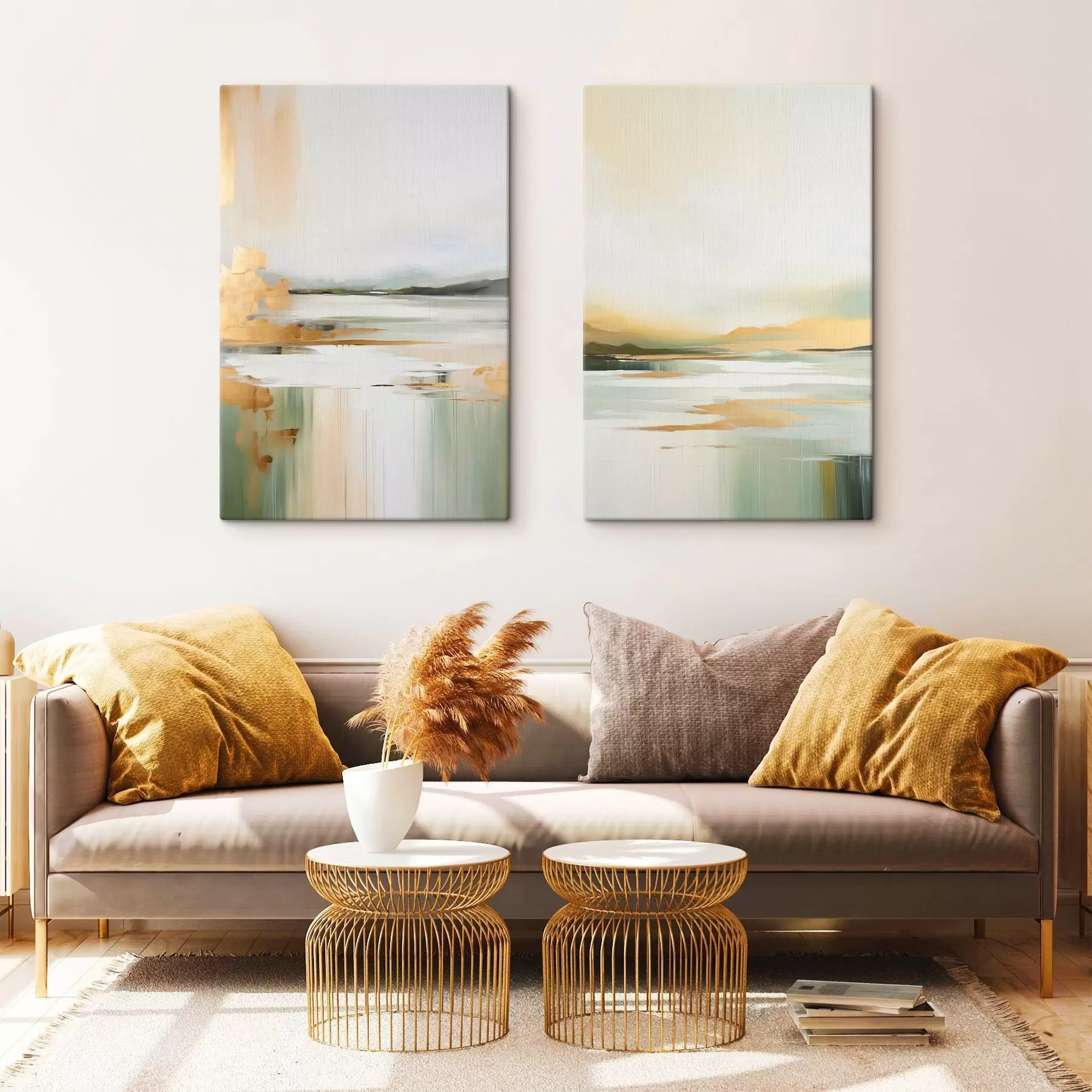 Paveikslėlis Abstraktus peizažas su geltonais ir žaliais atspalviais, vanduo, atspindintis dangų ir tolimus kalnus, blyškus, miglotas dangus m01245