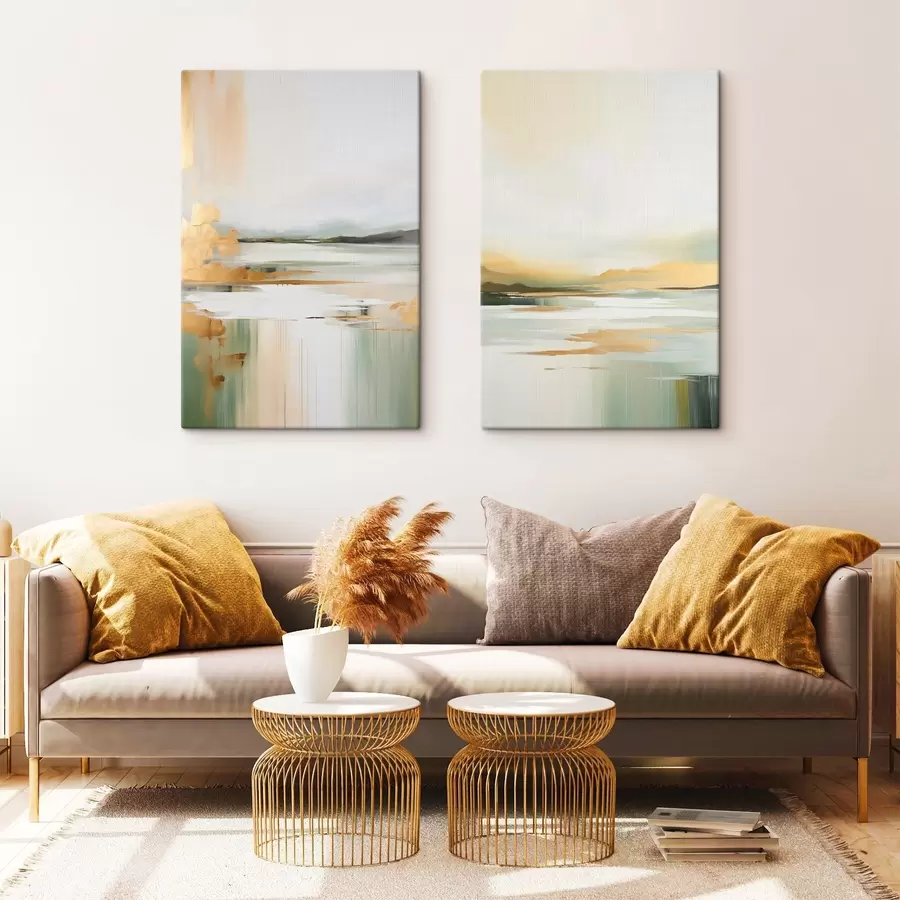 Paveikslėlis Abstraktus peizažas su geltonais ir žaliais atspalviais, vanduo, atspindintis dangų ir tolimus kalnus, blyškus, miglotas dangus m01245