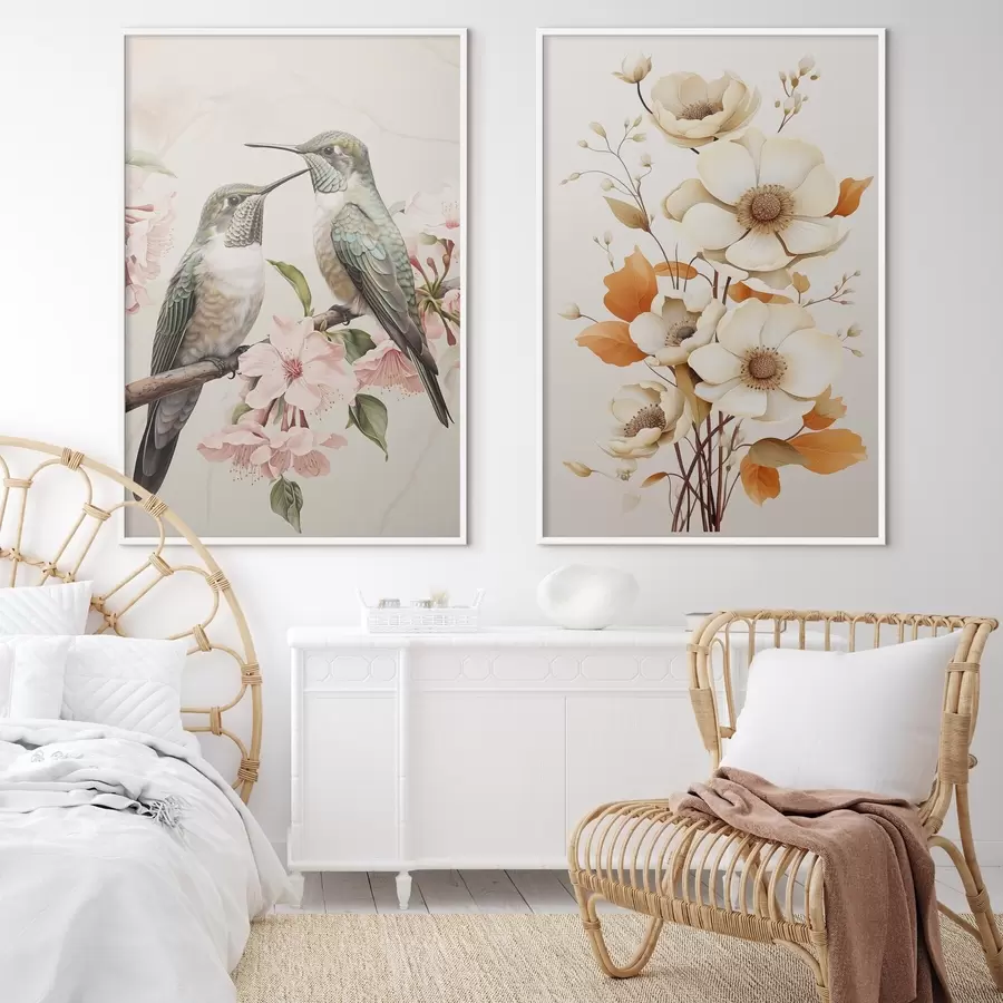 Fototapetai Gėlės ir paukščiai ant šakų d00560