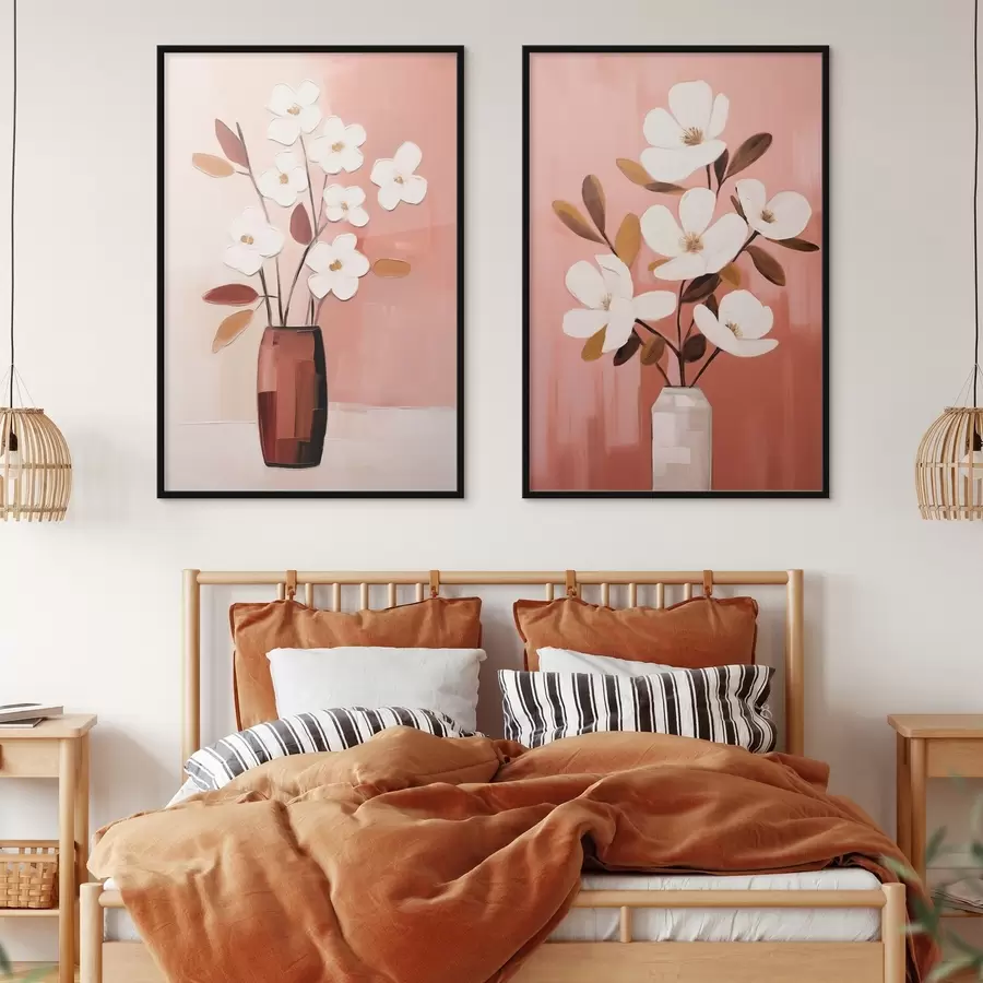 Fototapetai Kompozicija su kontrastingomis vazomis ir faktūrinėmis baltomis gėlėmis d00575