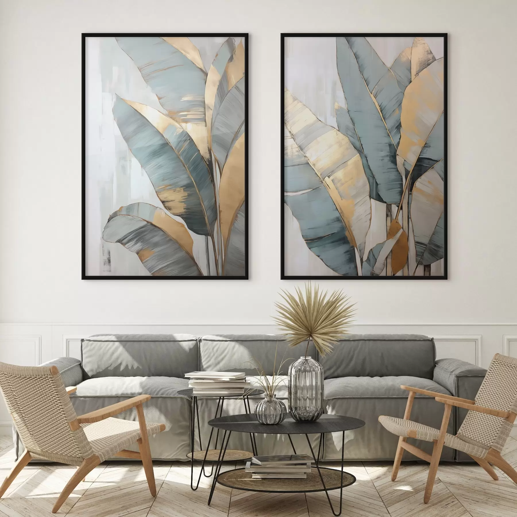 Fototapetai Prislopintų mėlynų, pilkų ir geltonų bananų lapų rinkinys su matomais teptuko potėpiais baltame abstrakčiame fone d00645