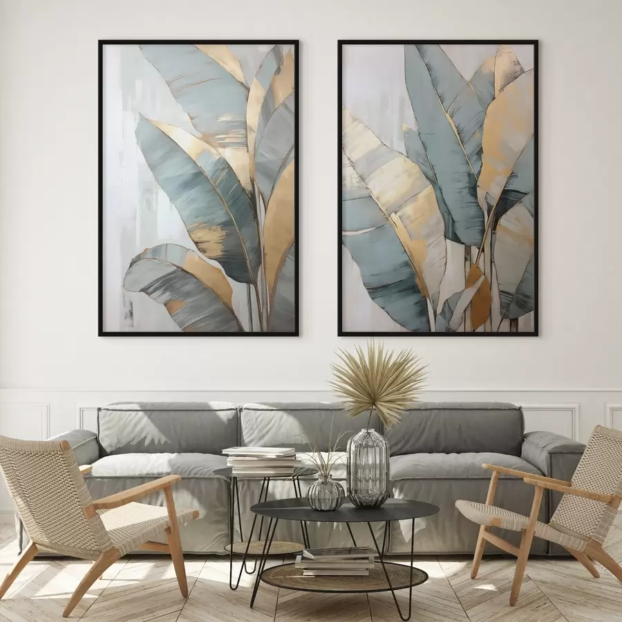 Fototapetai Prislopintų mėlynų, pilkų ir geltonų bananų lapų rinkinys su matomais teptuko potėpiais baltame abstrakčiame fone d00645