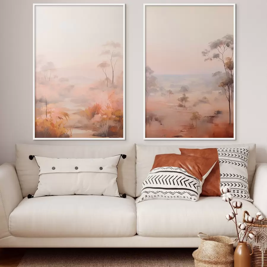 Fototapetai Kraštovaizdis su rausvų, oranžinių ir rudų atspalvių krūmais ir medžiais, fone - kalnai d00646