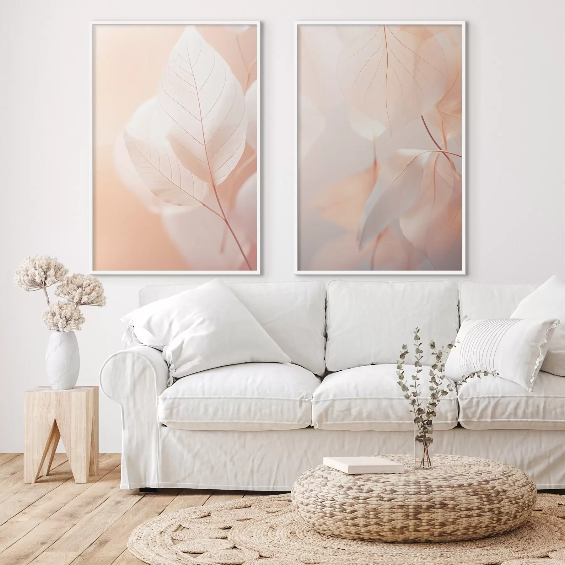 Fototapetai Permatomų lapų su švelniomis gyslomis stambiu planu, švelni persikų ir balta spalvų paletė, neryškus fonas d00647